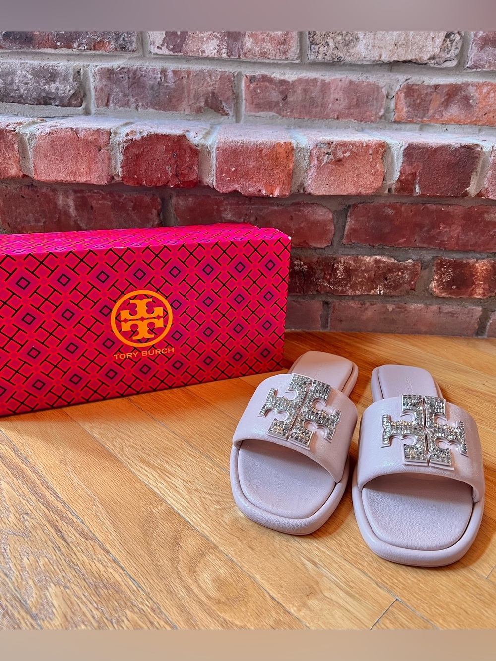 Tory Burch Shell Rose Pink Double T Crystal Deco Sport Slide Sandals